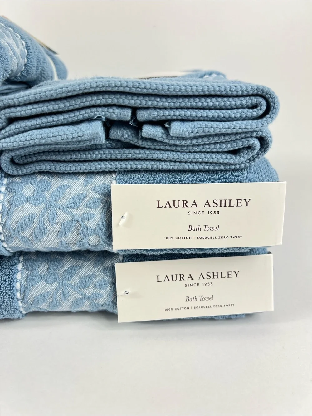Laura Ashley Bath Towel Set MILLIE Blue with Leaf Trim 100% Cotton 6 Pc NEW